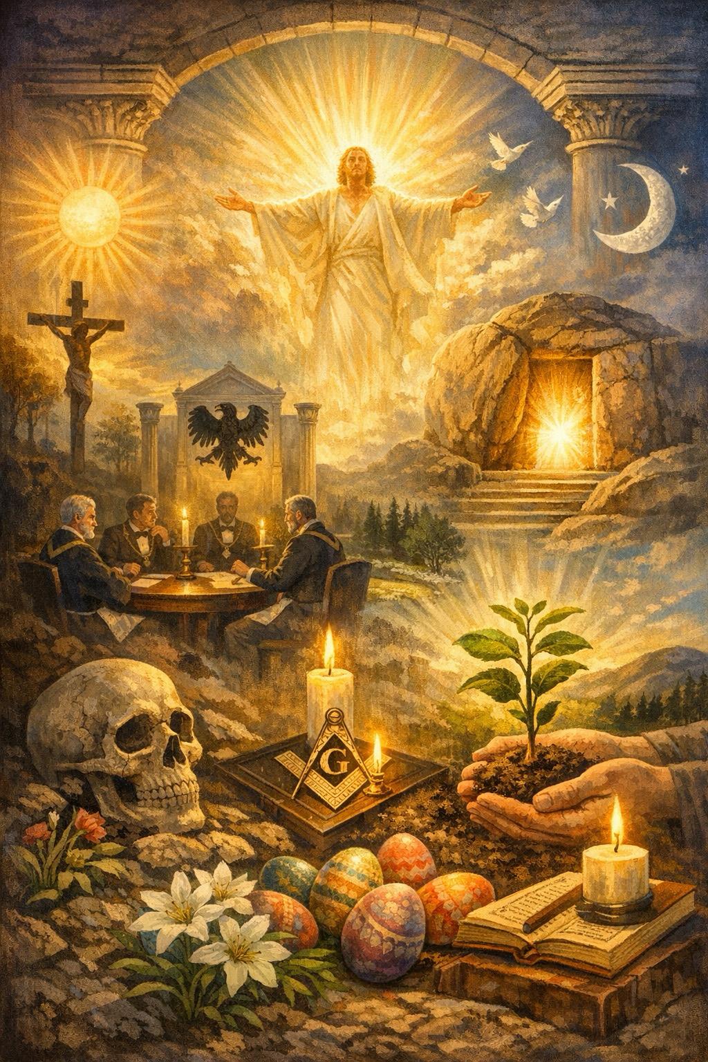 Allegorisches Gemälde mit Symbolen aus Freimaurerei, Christentum und Ostern: Eine strahlende Christusfigur erhebt sich über einem geöffneten Felsengrab; darunter ein Freimaurer-Tableau mit Winkel, Zirkel und G, Kerzen, einem Totenschädel, Ostereiern, weißen Lilien, einer keimenden Pflanze und vier Freimaurern am Tisch unter einem Doppeladler.