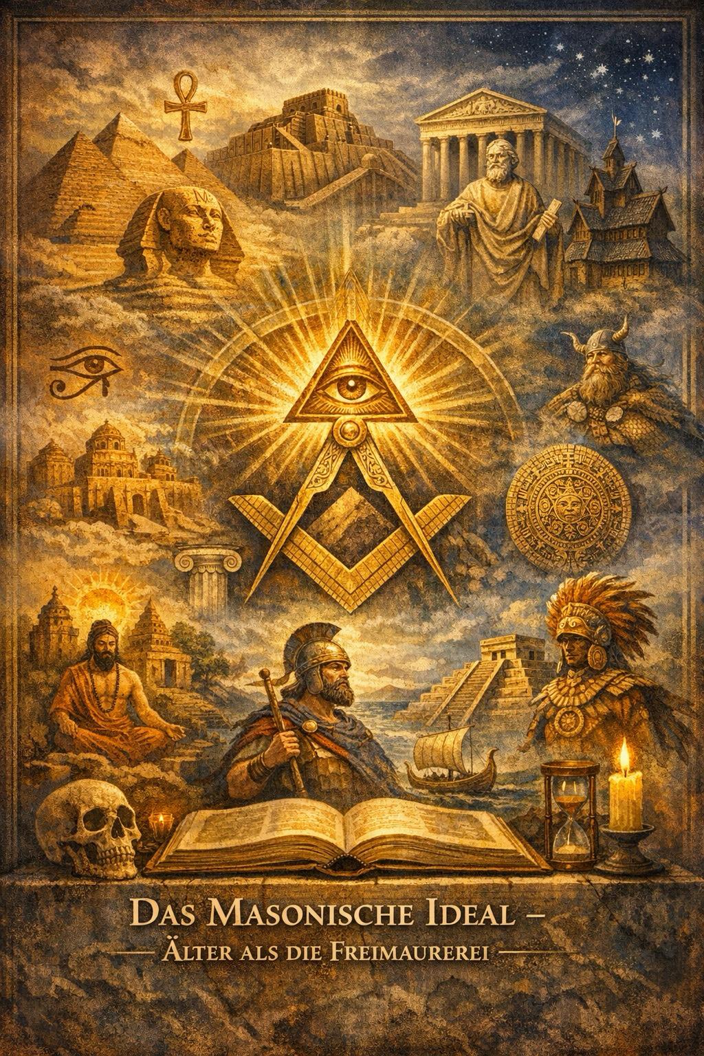 Allegorisches Illustration mit dem Titel „Das Masonische Ideal – Älter als die Freimaurerei": Im Zentrum das strahlende Auge der Vorsehung im Dreieck über Winkelmaß und Zirkel. Umgeben von Symbolen und Figuren verschiedener Kulturen und Epochen – ägyptische Pyramiden, Sphinx und Anch-Kreuz, das Auge des Horus, ein griechischer Tempel mit Philosophen, ein nordischer Wikinger, ein Azteken-Kalender und indigene Figur, ein meditierender Asket, ein mittelalterlicher Krieger, ein Wikingerschiff sowie ein nordisches Stabkirchen-Gebäude. Im Vordergrund ein aufgeschlagenes Buch, Totenschädel, Sanduhr und Kerze als memento-mori-Symbole.